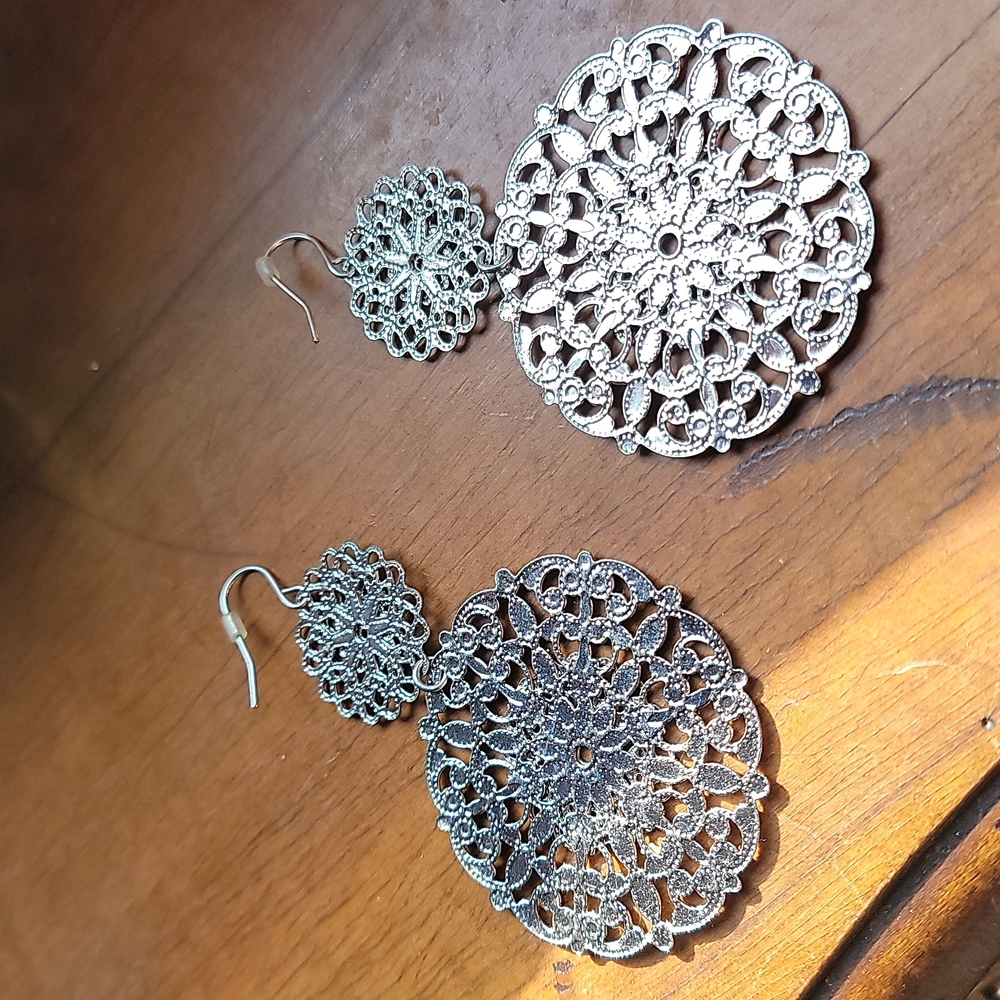 Silver Mandala Dangle Earrings - Picture 3 of 3